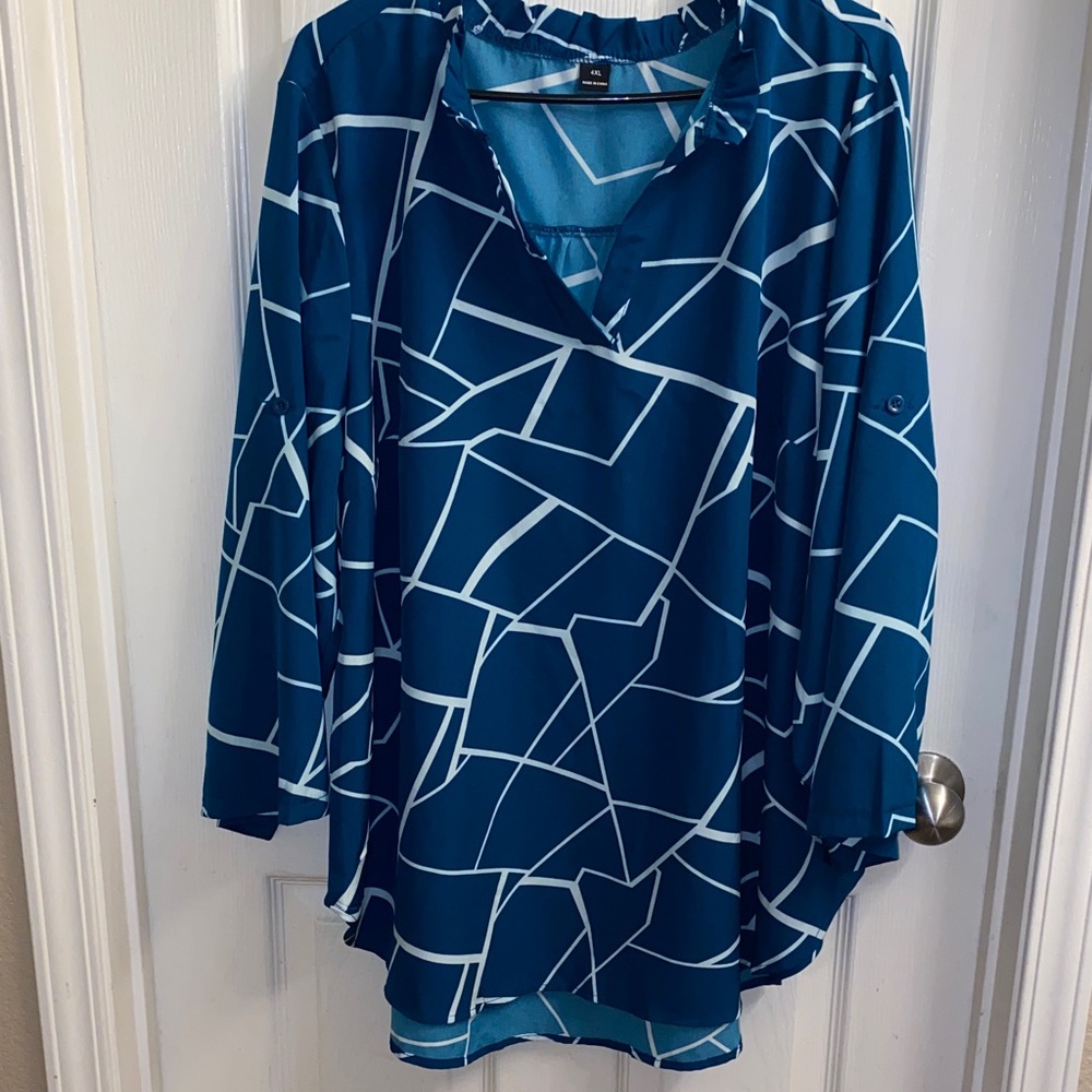 Blue Geometric V-Neck Women's Blouse